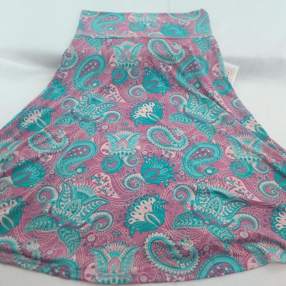 Lularoe Pink Green Paisley Azure Stretch Size Small Flare Skirt